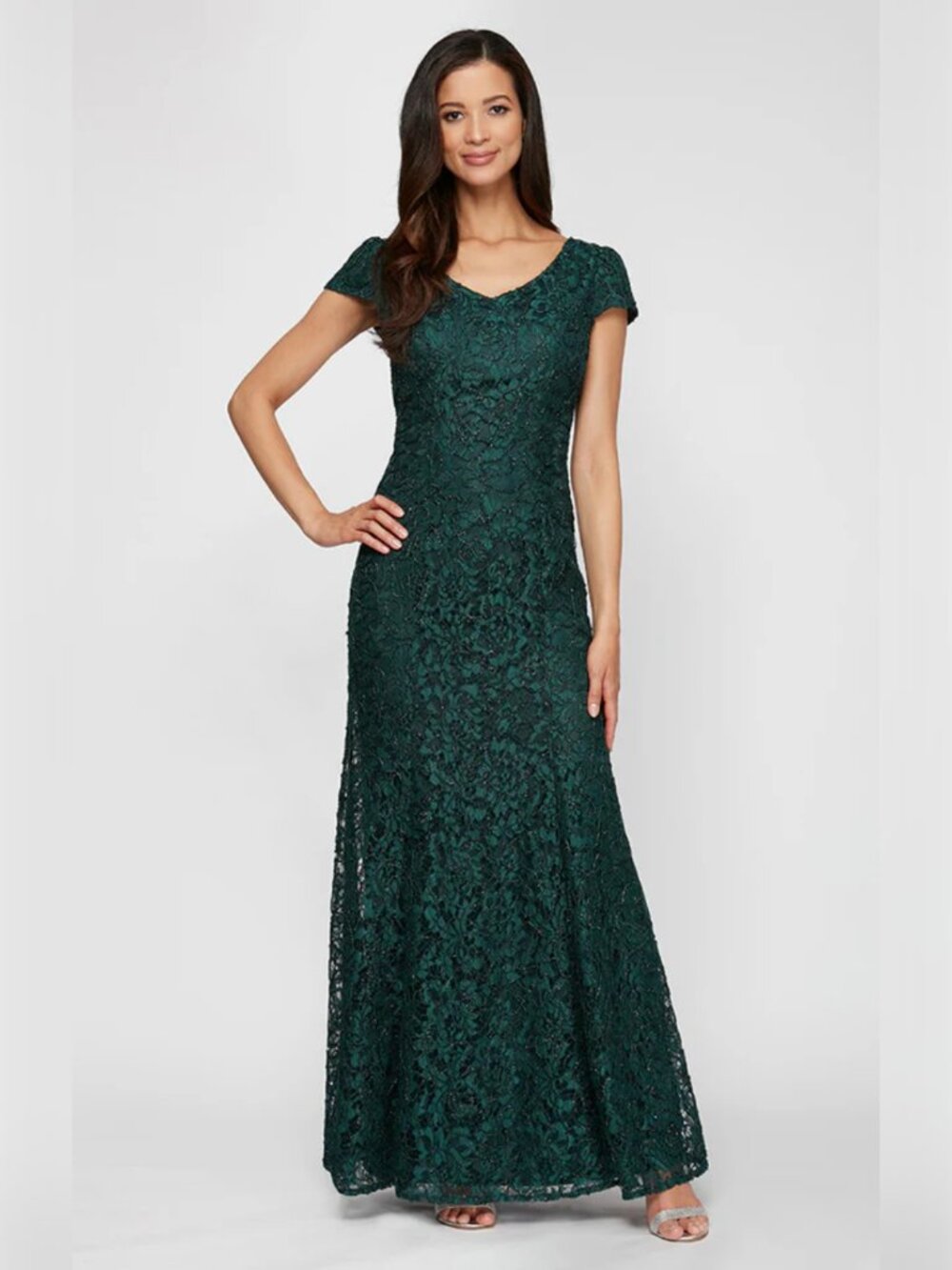 Noel Corded Lace Gown, V-Neck Fit & Flare Corded, 12, Hunter Green